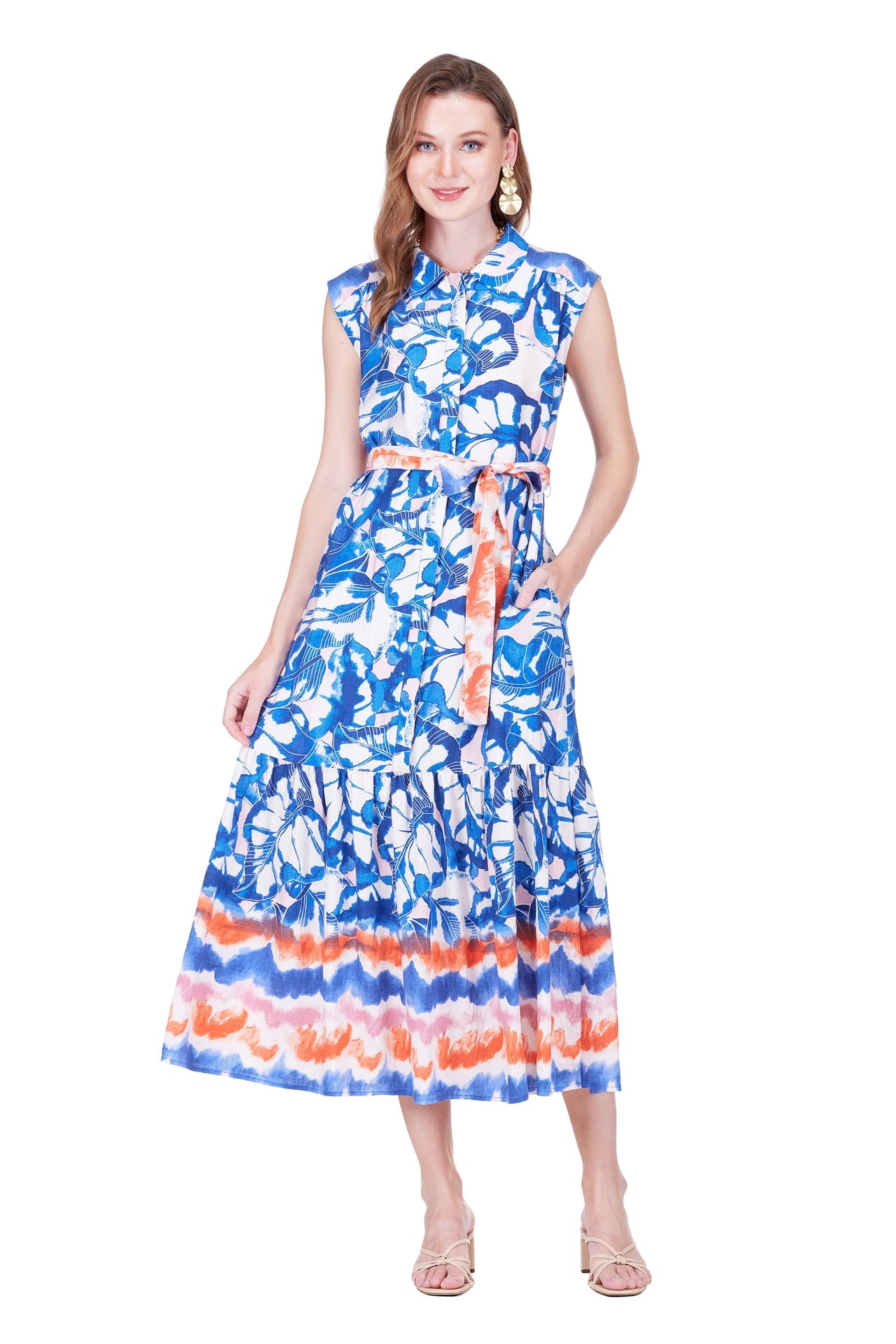 Sleeveless Shirt Dress 50" - Sunset Indigo with floral print, button front, and waist tie by JOY JOY