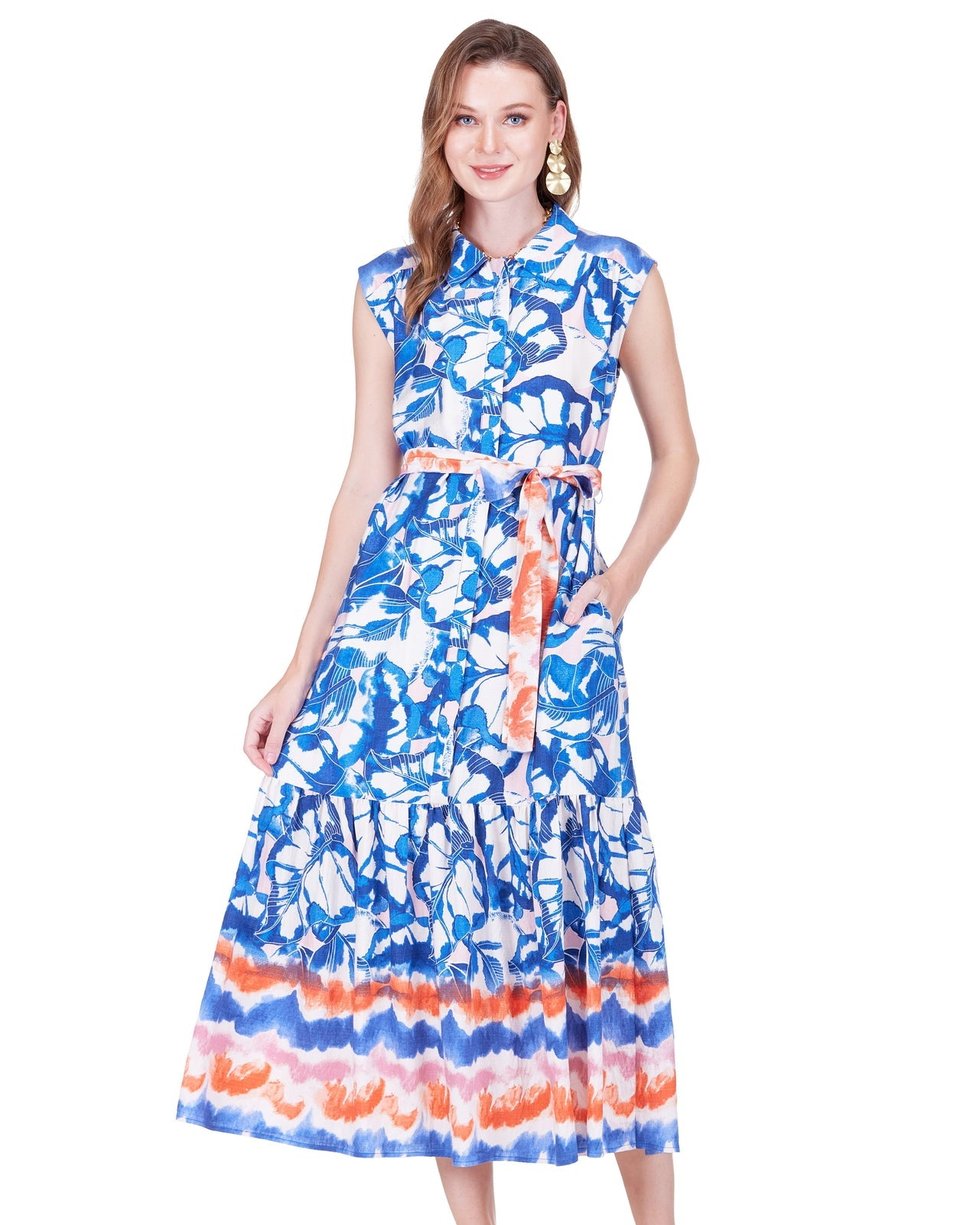 Sleeveless Shirt Dress 50" - Sunset Indigo with blue floral print, waist tie, and flowing skirt by JOY JOY