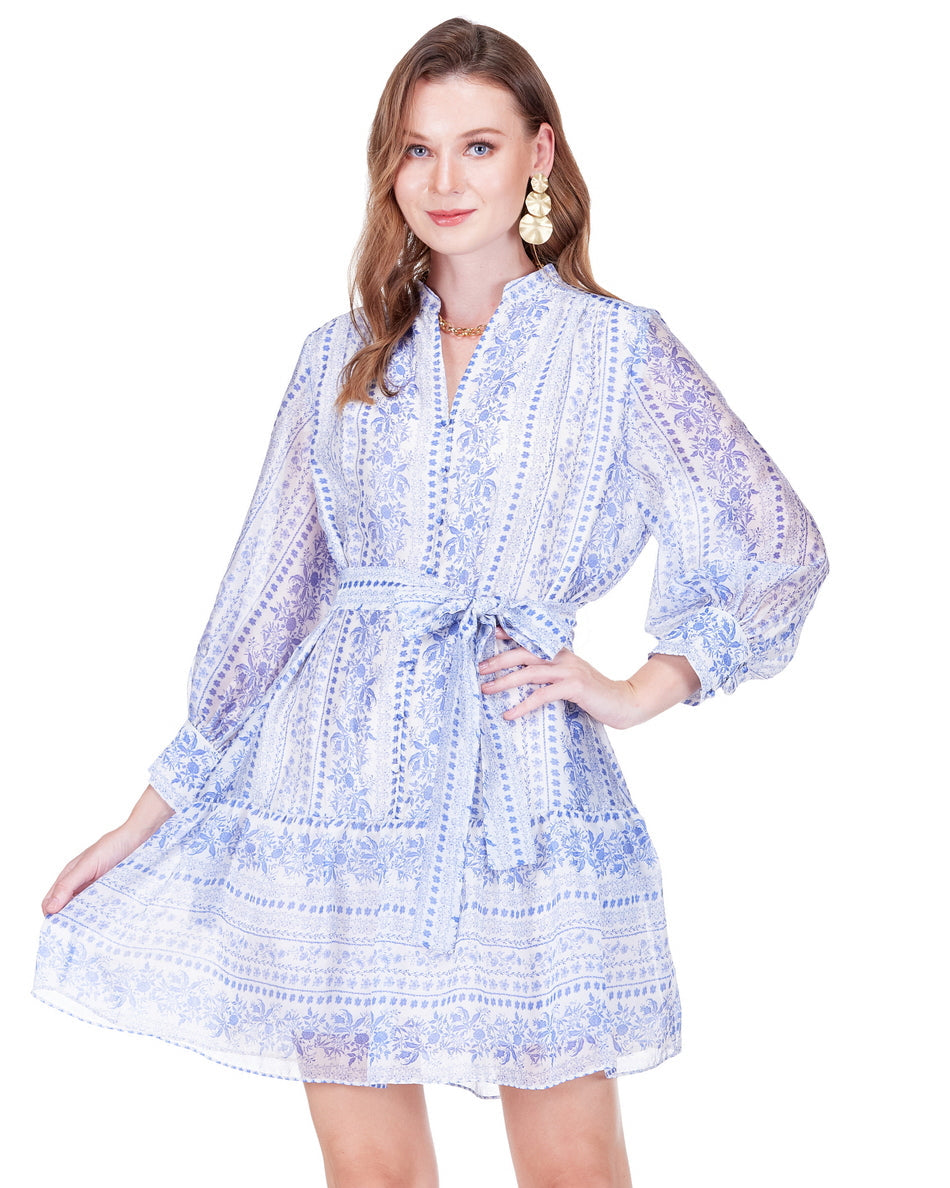 Front Split Buttons Dress - Porcelain Garden in blue floral print with belted waist by JOY JOY