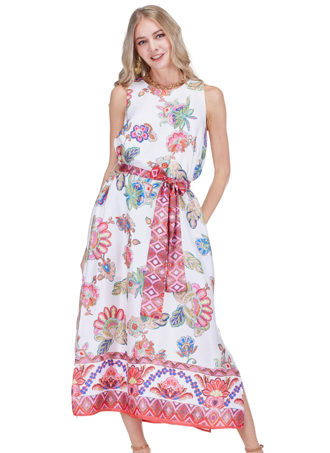 Column Dress 50" - Briar Bloom" floral maxi dress with patterned belt, JADE Women’s Dresses & Jumpsuits