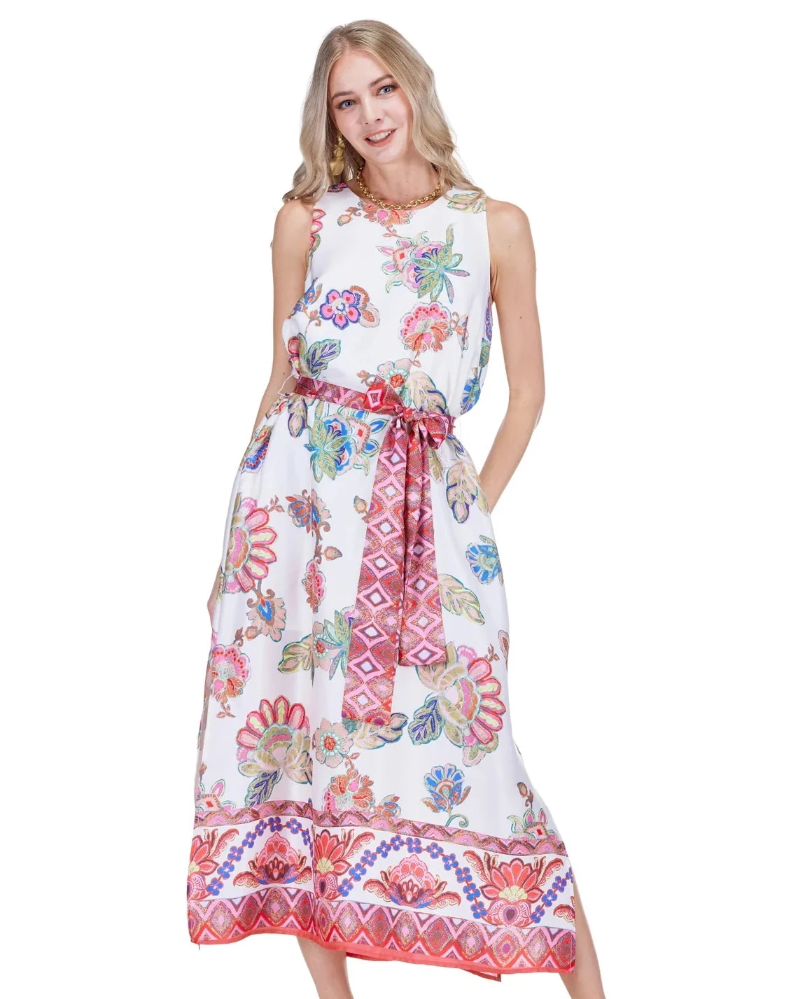 Column Dress 50" - Briar Bloom" floral maxi dress with patterned belt, JADE at Fredericksburg TX boutique