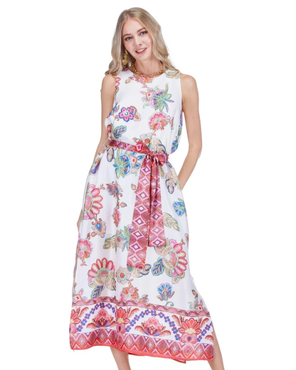 Column Dress 50" - Briar Bloom" floral maxi dress with patterned belt, JADE at Fredericksburg TX boutique