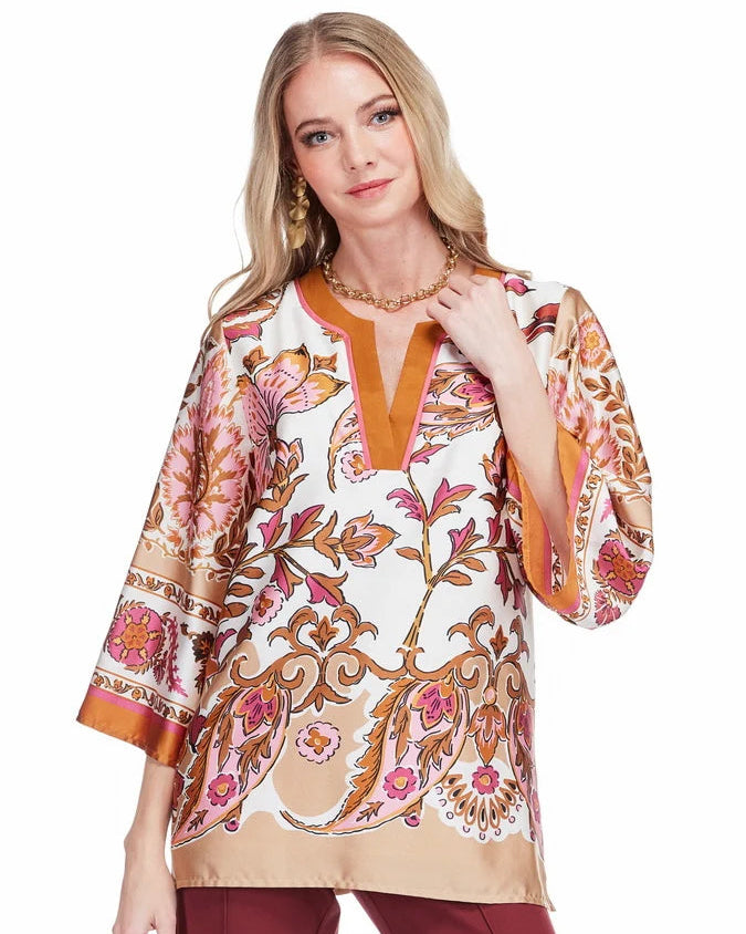 Trimmed Tunic - Toffee Blossom by JADE, beige floral long sleeve shirt in Women's Arrivals at HCO