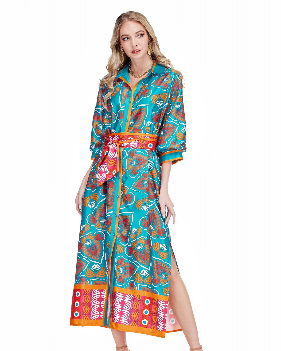 Midi Shirtdress 51" - Tangerine Tide