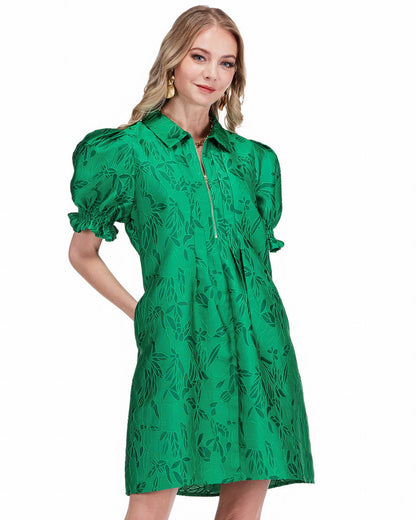 Front Zip Darts Dress - Emerald Stitch Brocade