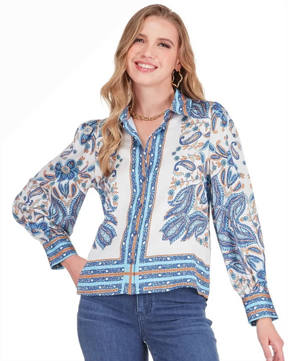 Scarf Puff Sleeve Blouse - Blue Saffron