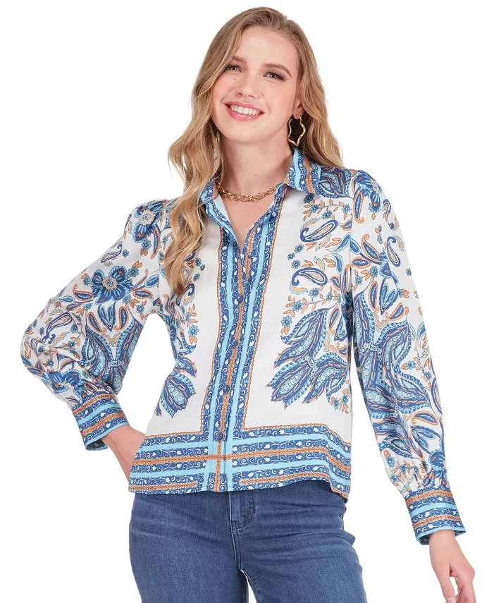 Scarf Puff Sleeve Blouse - Blue Saffron
