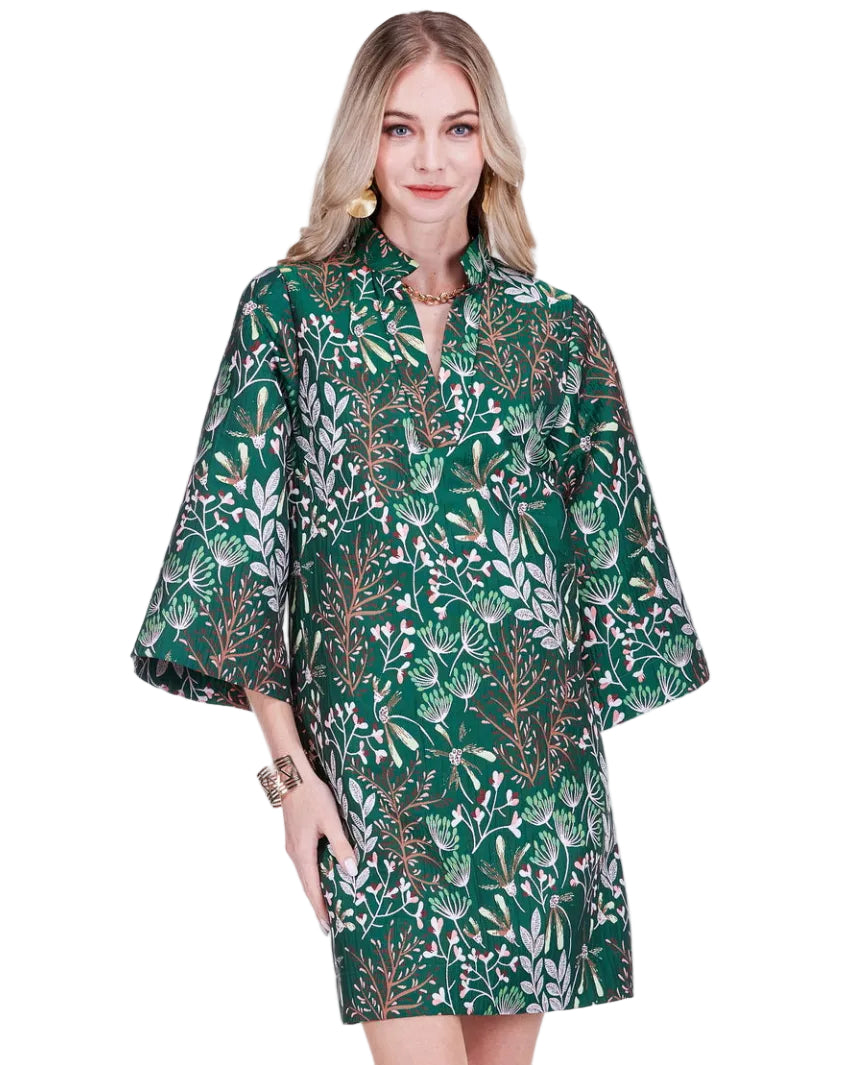 Split Neck Bell Sleeve Caftan - Evergreen Bloom