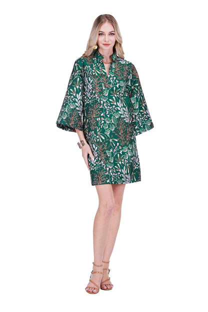 Split Neck Bell Sleeve Caftan - Evergreen Bloom