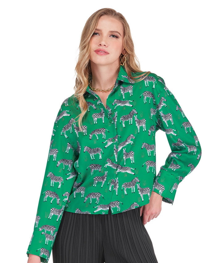 Crop Shirt Blouse - Green Zebra
