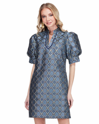 Collar Trimmed v-Neck Dress - Gilded Trellis