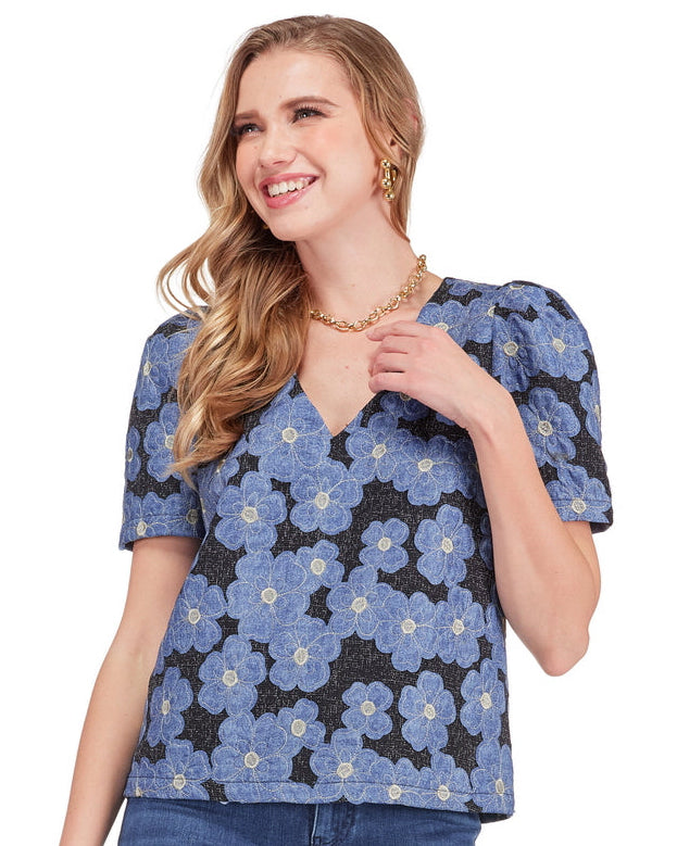 V-Neck Puff Sleeve Top - Denim Petal