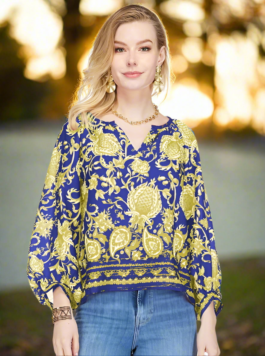 Peasant Bishop Sleeve Top - Purple/Gold Vines
