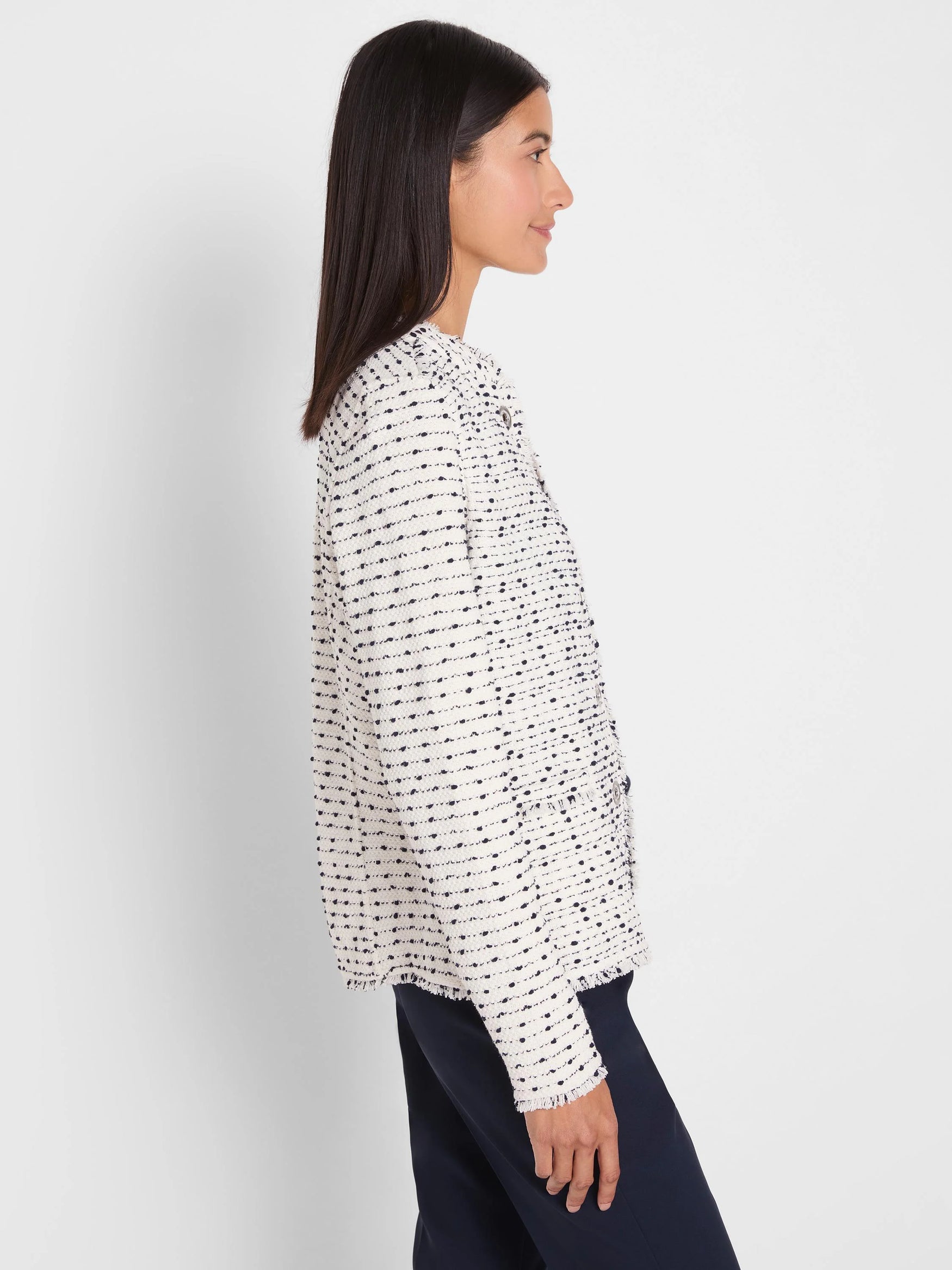 Nep Weave Miliary Fringe Mix Knit Jacket in multicolor dots, women's jacket by NIC AND ZOE
