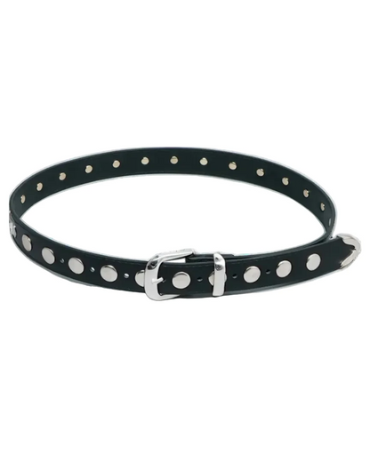 Fully Studded Belt Black with silver metal eyelets and buckle, studded black leather strap