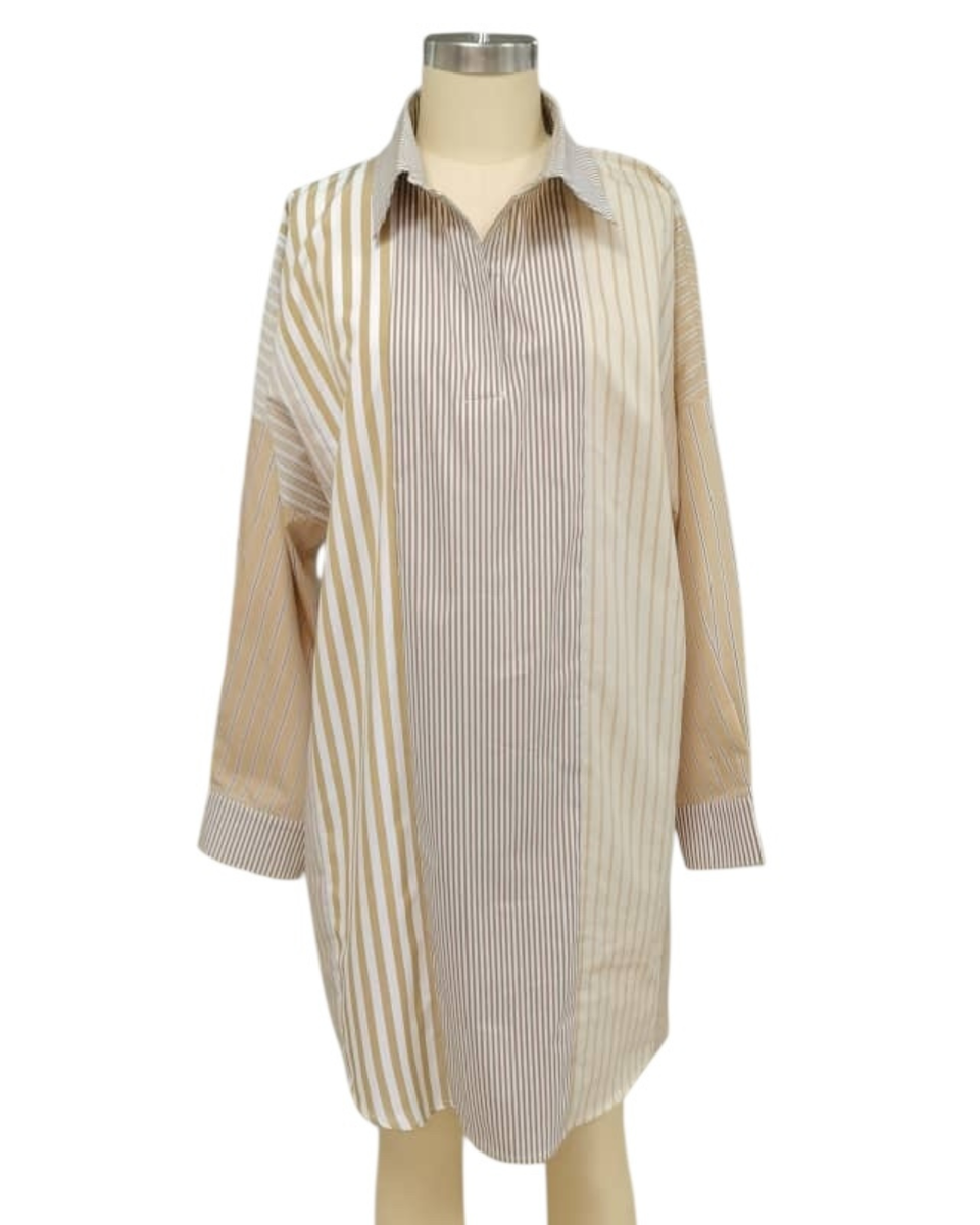 Preppy Patchwork Khaki striped geometric shirt dress with collar and cuffed sleeves by CARYN LAWN