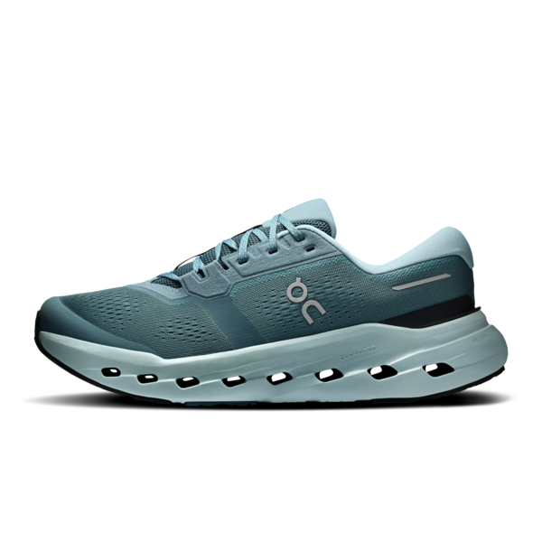 Blue and gray lace-up running shoe with a thick cushioned sole