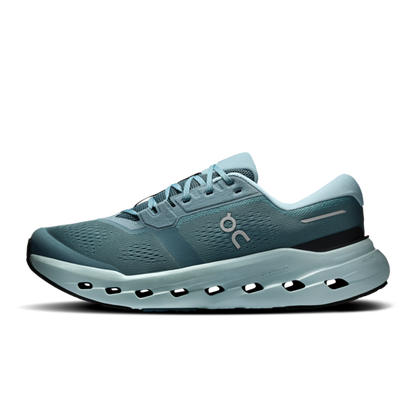 Blue and gray lace-up running shoe with a thick cushioned sole