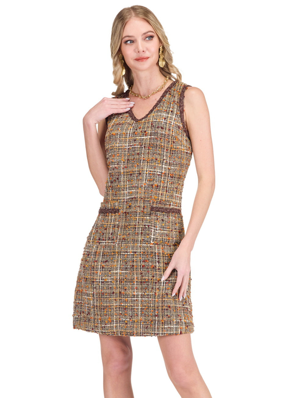 V-Neck Trimmed Pocket Dress - Brown Tweed