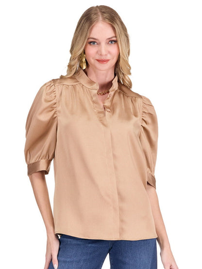 Ruched Sleeve Shirt - Camel