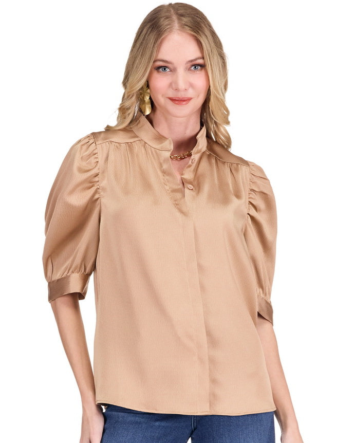 Ruched Sleeve Shirt - Camel