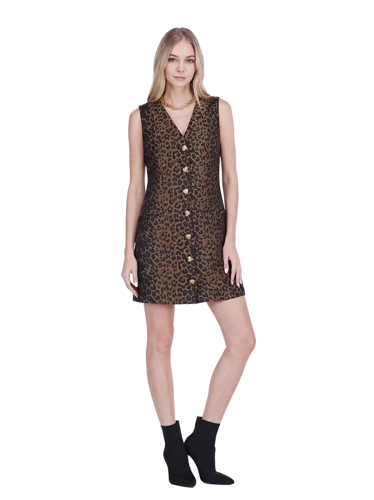 V-Neck Buttons Fitted Dress - Brown Leopard