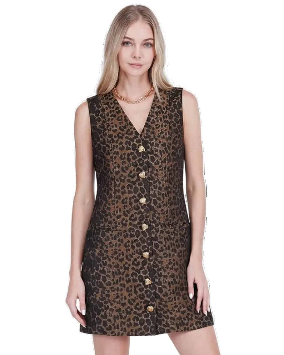 V-Neck Buttons Fitted Dress - Brown Leopard