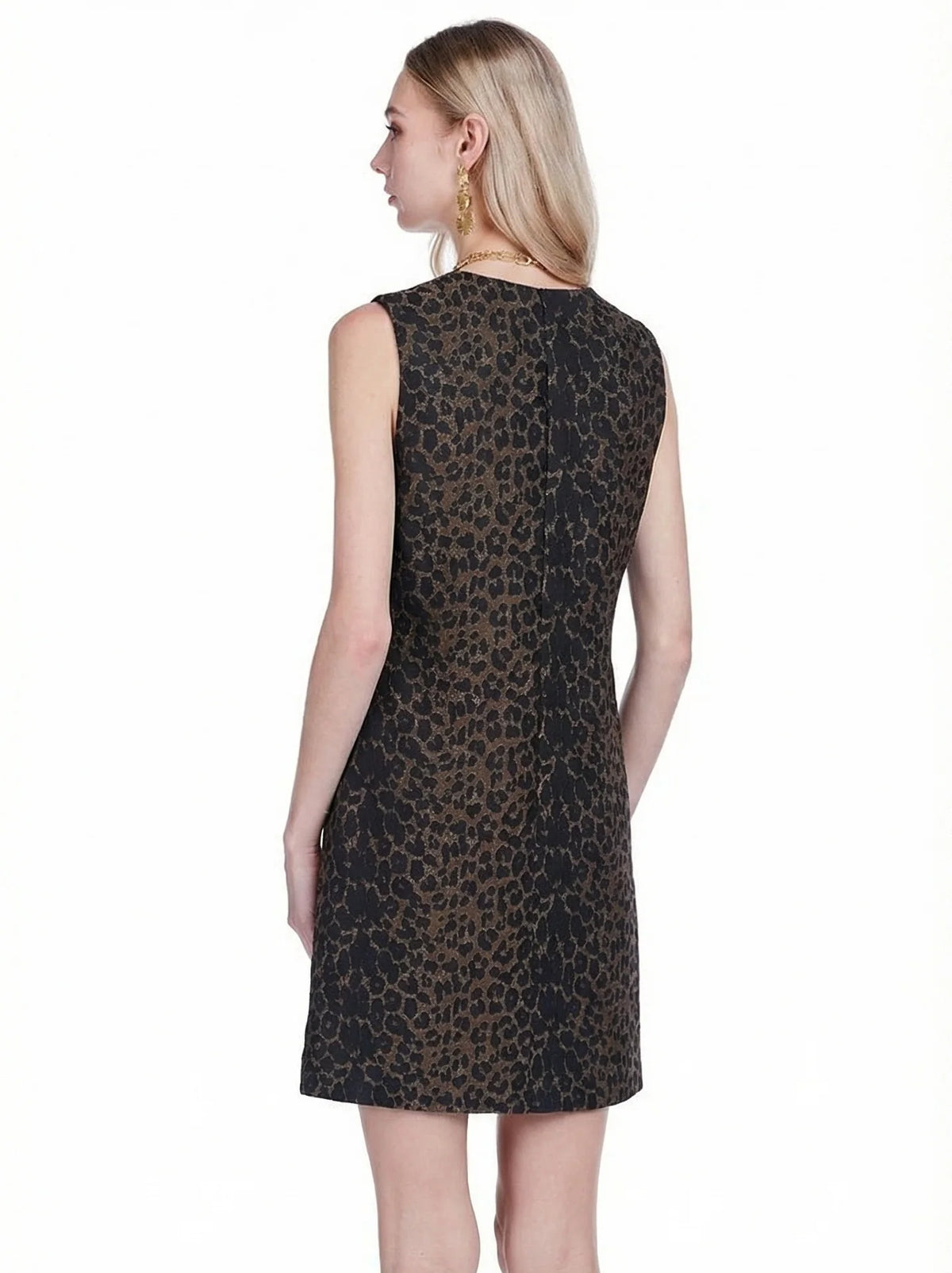 V-Neck Buttons Fitted Dress - Brown Leopard