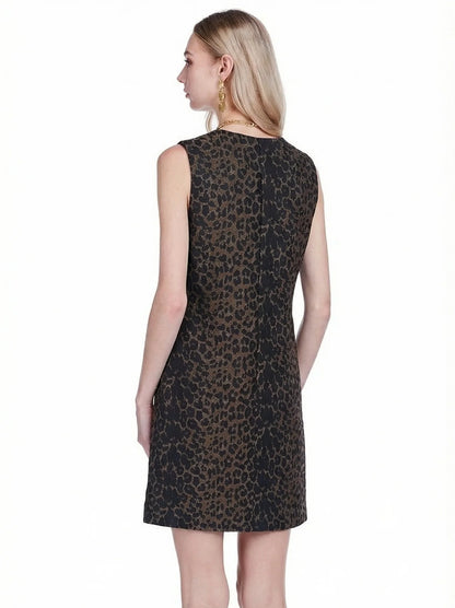 V-Neck Buttons Fitted Dress - Brown Leopard
