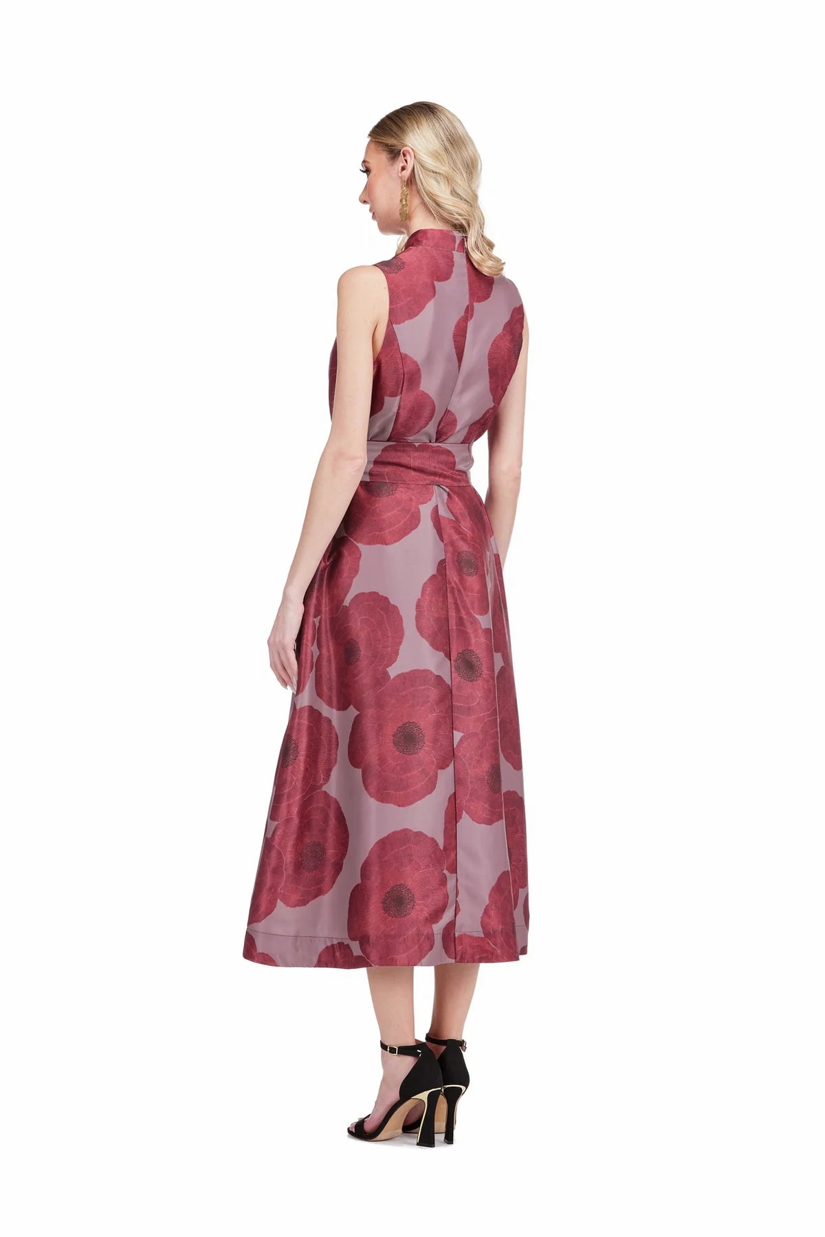 Stand Collar Fit & Flare 50" Dress - Crimson Poppy