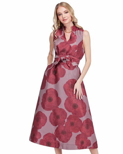 Stand Collar Fit & Flare 50" Dress - Crimson Poppy