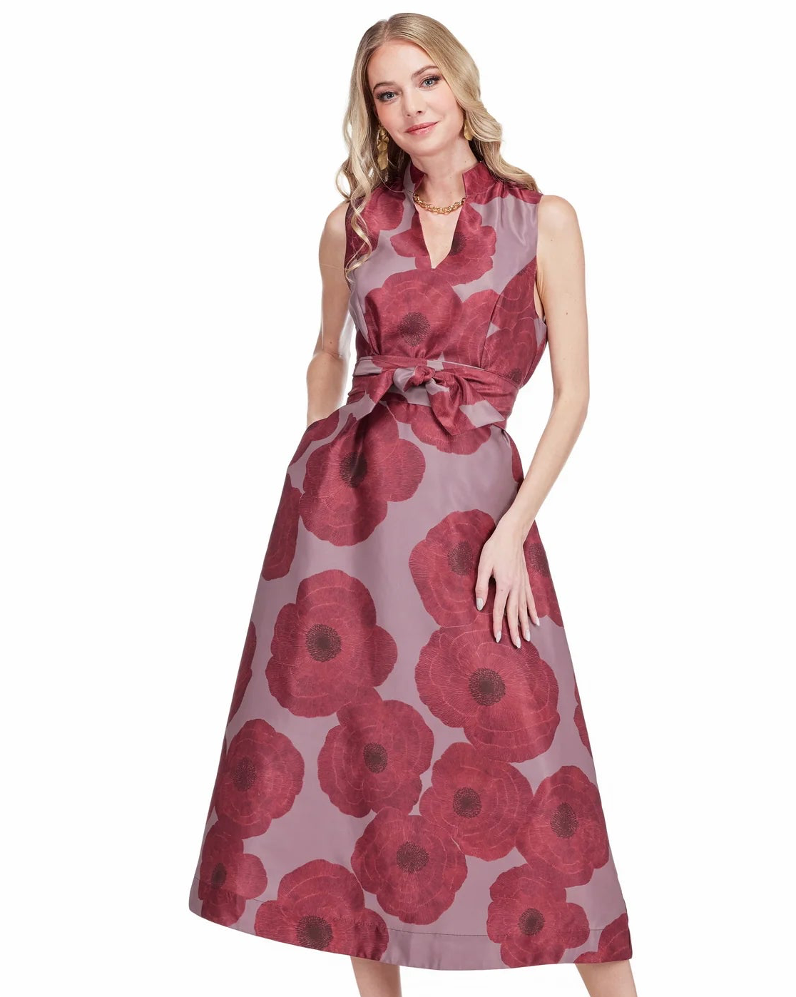 Stand Collar Fit & Flare 50" Dress - Crimson Poppy