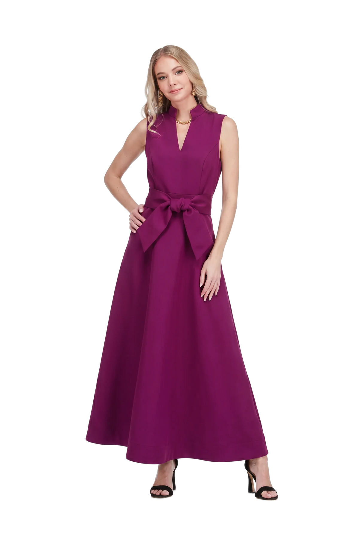 Stand Collar Fit & Flare 50" Dress - Grape