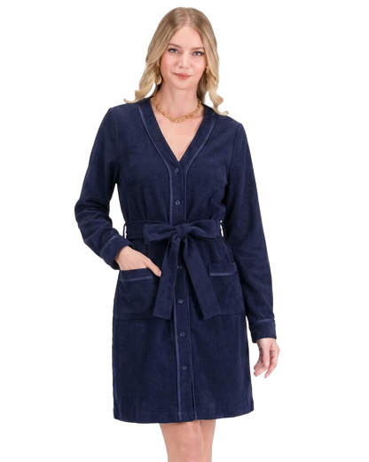 V-Neck Trimmed Buttondown Dress - Navy