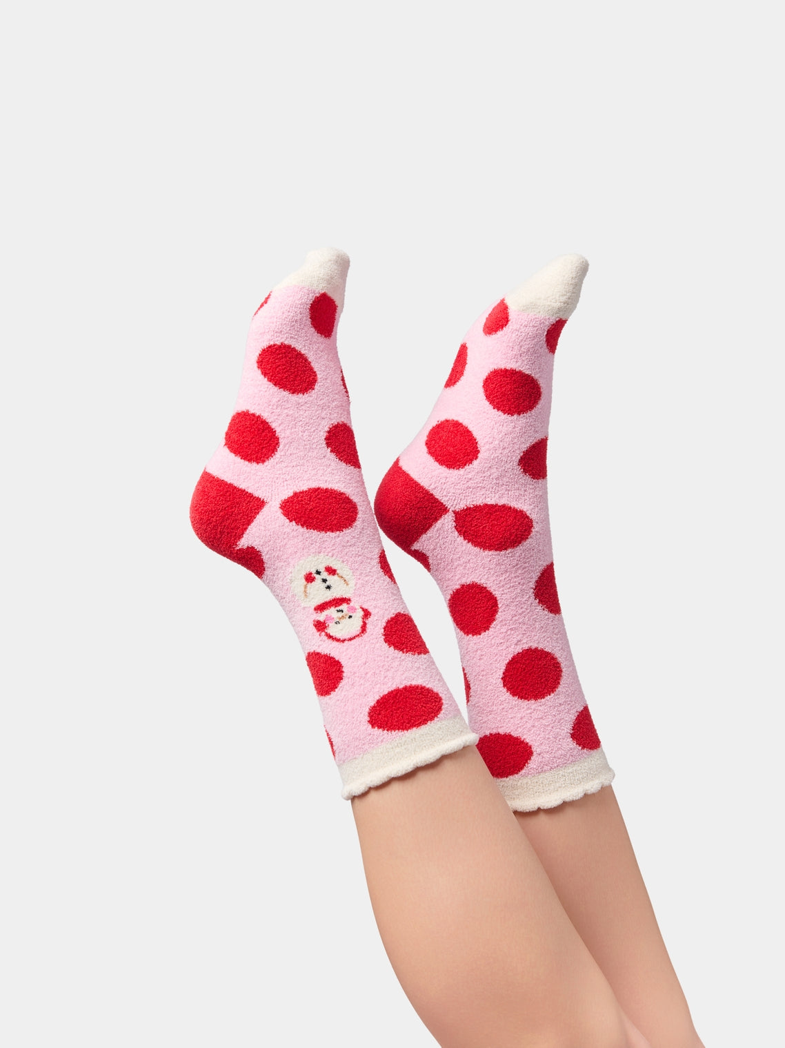 Snowman Socks by SHIRALEAH with red polka dots on pink, cozy fit, HCO Women's Arrivals
