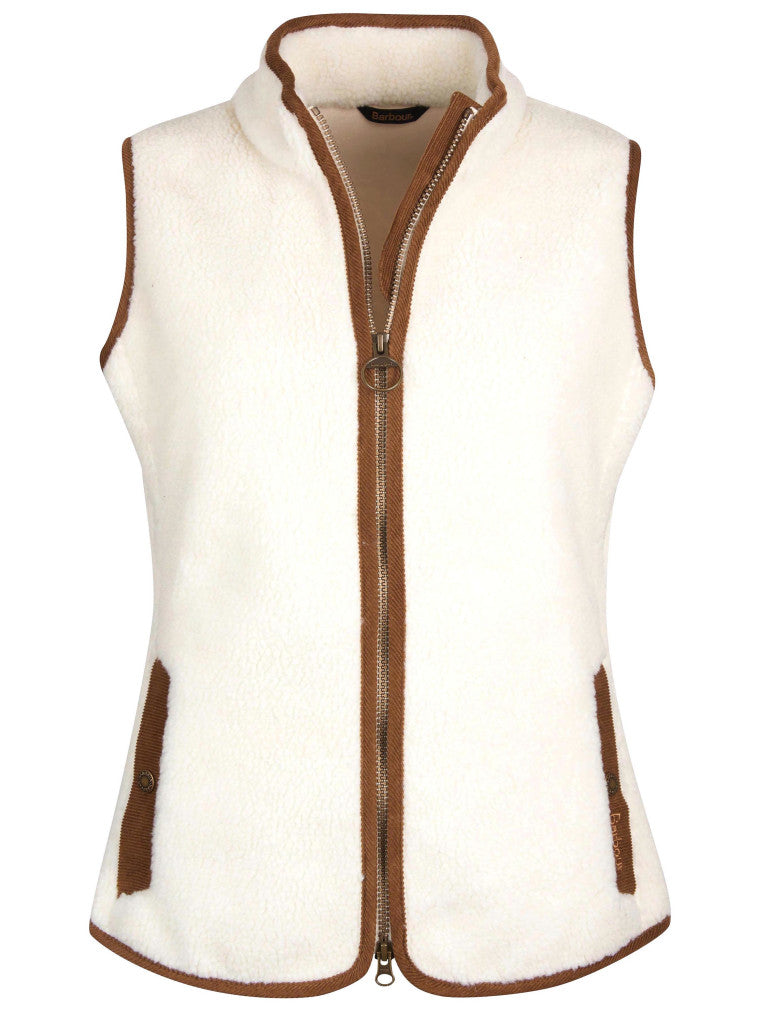Burford Fleece sherpa gilet in cream with brown binding, cozy layering, Barbour Women's collection