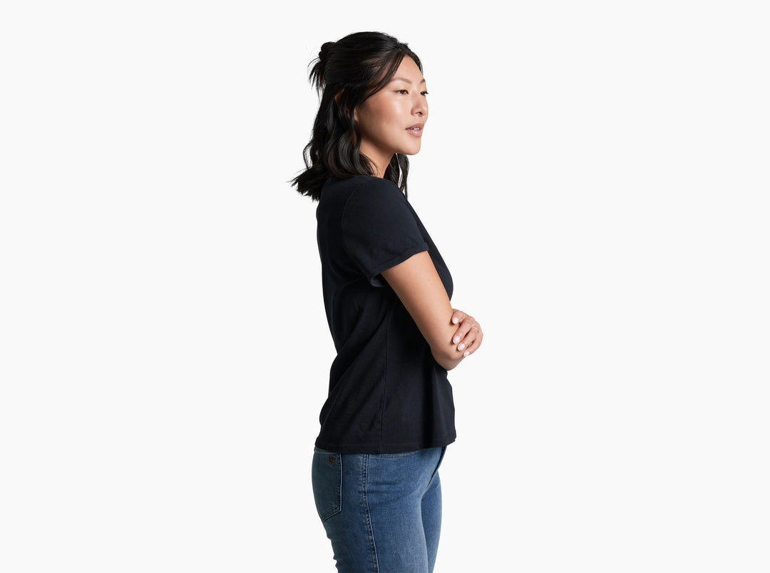 Vega Tee - Black soft organic cotton V-neck short sleeve shirt by KUHL, Fredericksburg boutique