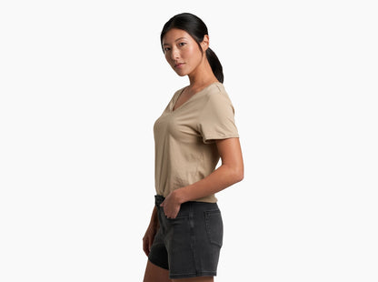 Vega Tee - Driftwood soft organic cotton V-neck shirt styled casual by KUHL, Fredericksburg boutique