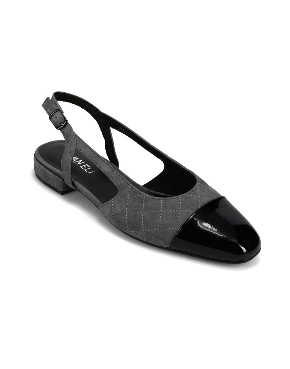 Trill - Grey Suede quilted slingback with patent cap toe, buckle, 0.75" heel by VANELI