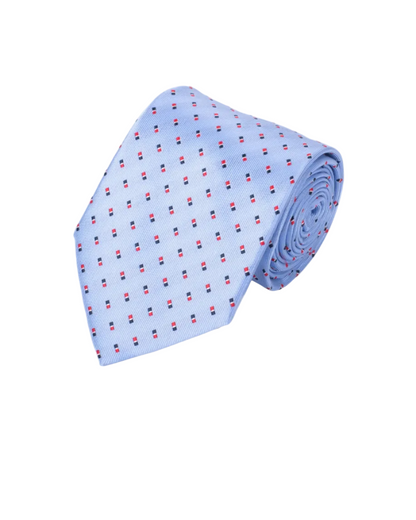Men's Tie 5981 in light blue microfiber with red and navy geometric dots by SELINI NEW YORK HCO Ties