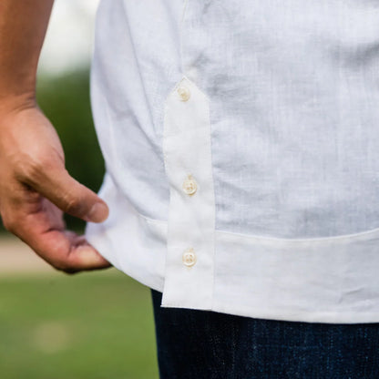 Tejas Guayabera - Flores ivory linen shirt hem with side buttons, TEXAS STANDARD men's shirt