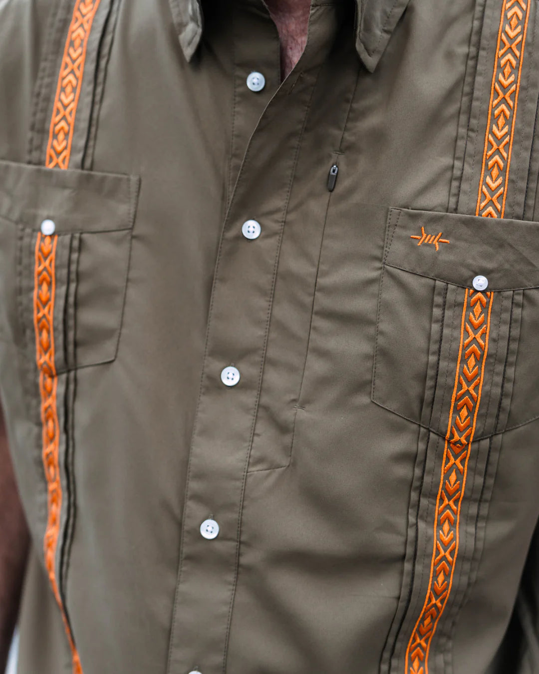 Guayabera Libre - Camino Green brown shirt with orange geometric trim, moisture wicking by TEXAS STANDARD