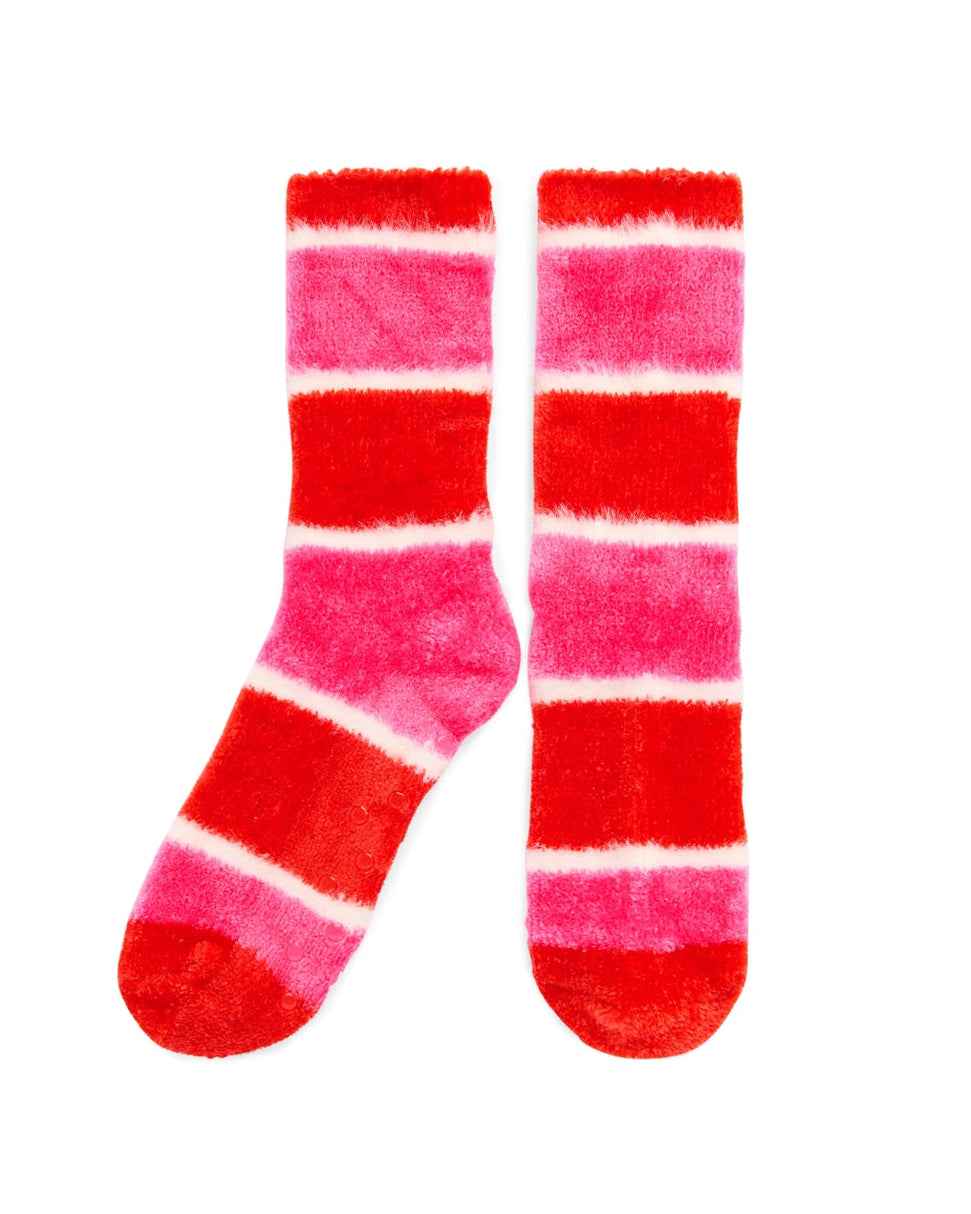 Fuzzy Stripe Socks with plush red and pink stripes, cozy grip sole, SHIRALEAH at HCO FBG