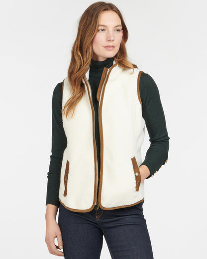 Burford Fleece sherpa vest in brown, beige, and green stripes, casual layering piece