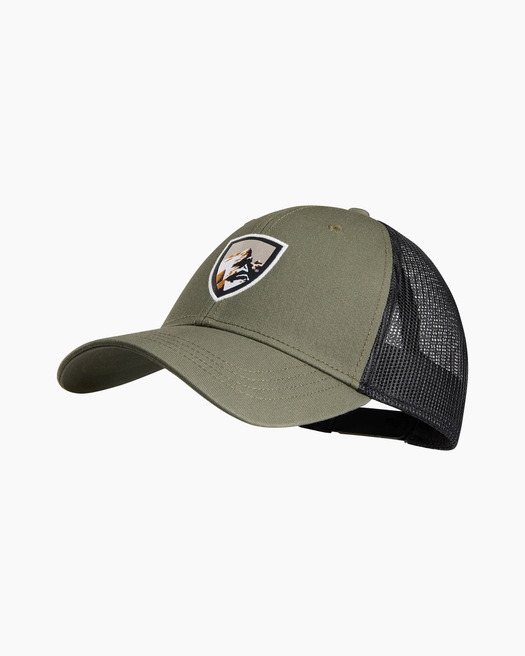 Kuhl Trucker - Olive men's hat with stretch mesh back, snapback closure, curated Fredericksburg Texas