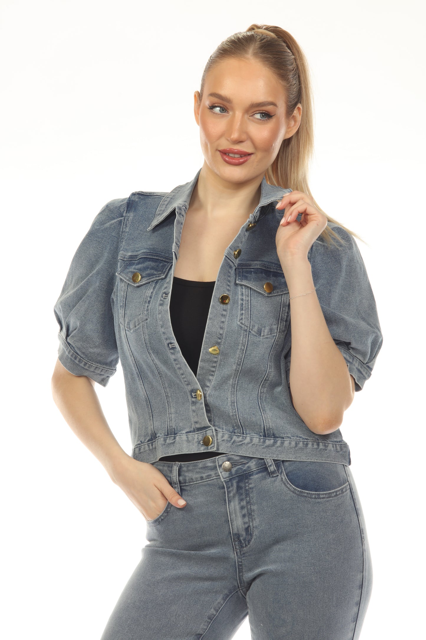 Penny short sleeve denim jacket with puff sleeves by AZI JEANS, Women's Jackets at HCO FBG