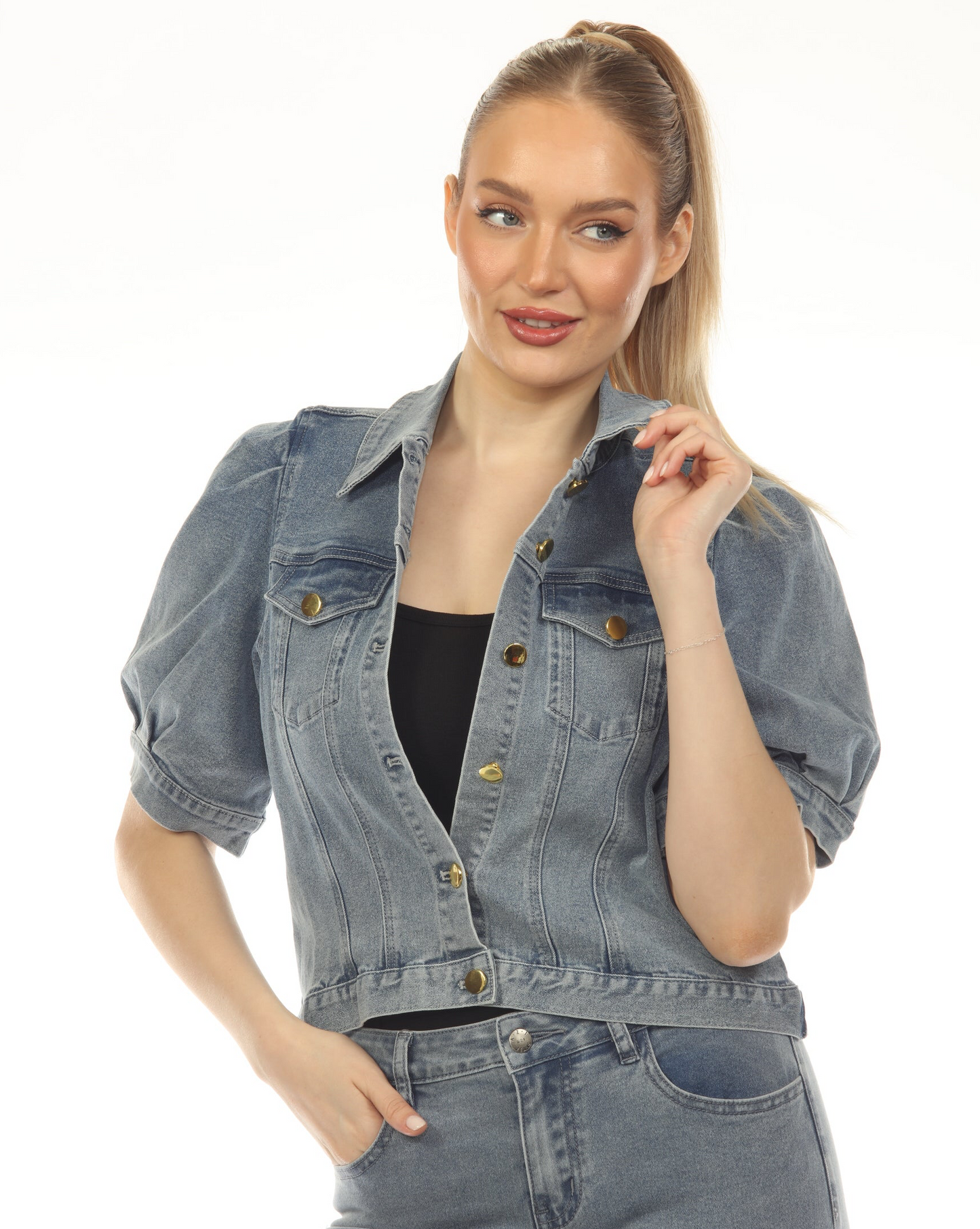 Penny short sleeve denim jacket with puff sleeves, vintage wash by AZI JEANS at HCO FBG