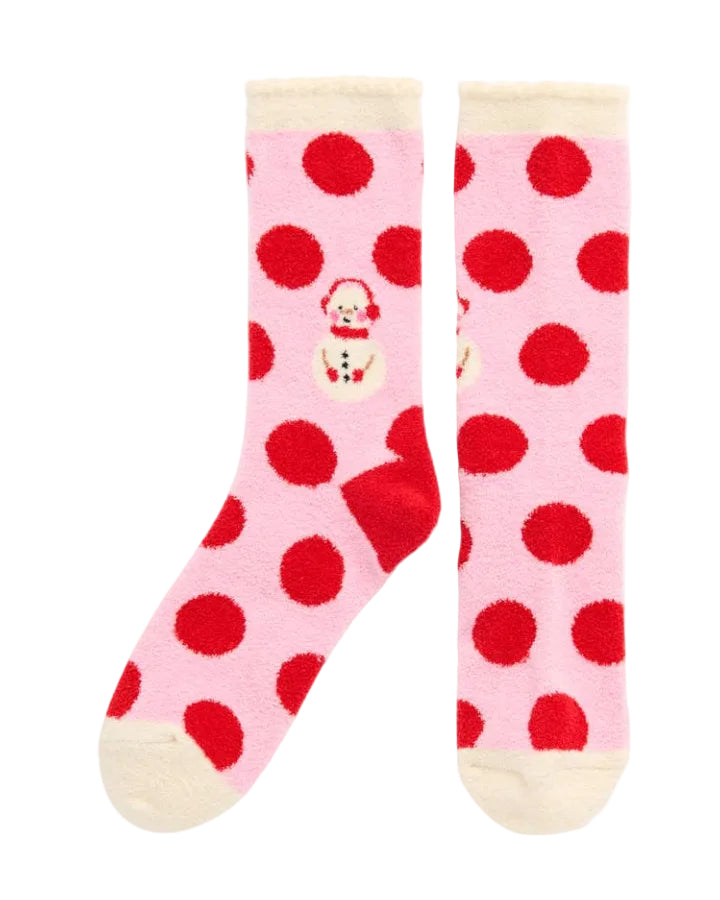 Snowman Socks in pink with red polka dots and snowman motifs, SHIRALEAH HCO Women's Arrivals