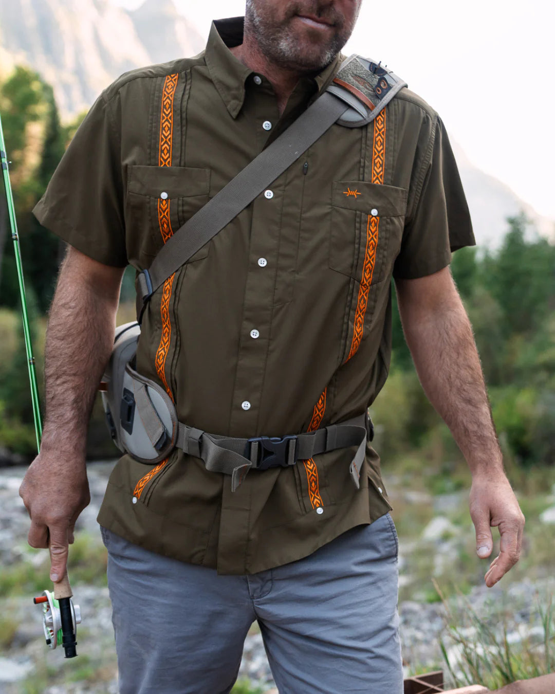 Guayabera Libre - Camino Green brown and green geometric moisture-wicking shirt by TEXAS STANDARD