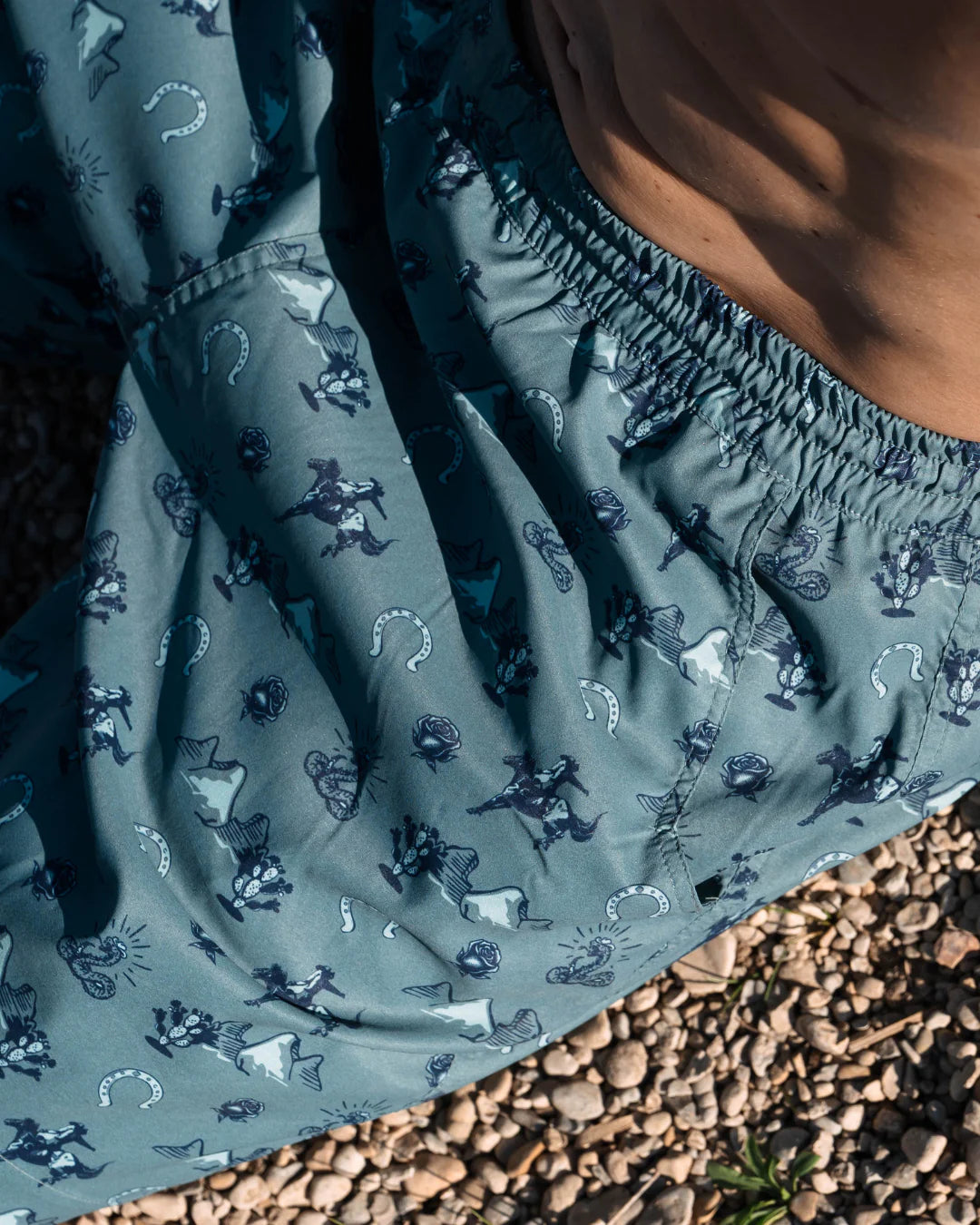 Waterloo Swim Shorts - Badlands Academy 7" in blue with animal and geometric print, TEXAS STANDARD